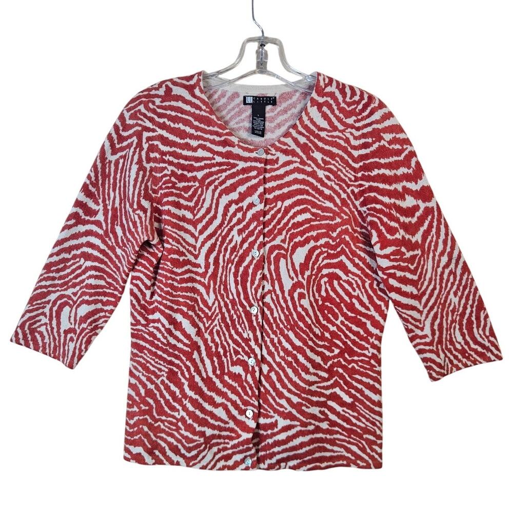 Carole Little Zebra Print Short Sleeve Cardigan Coral Orange Cream Vintage Large